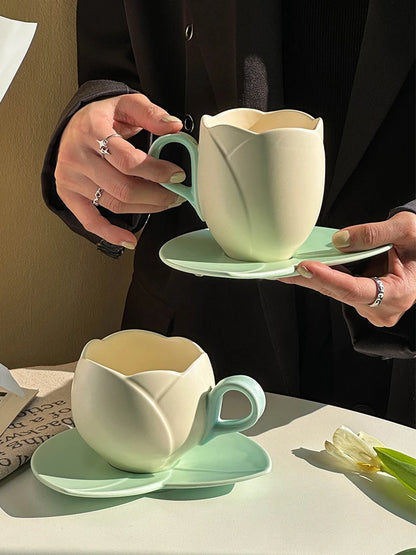 TulipCharm: Flower-Shaped Ceramic Cup & Saucer Set